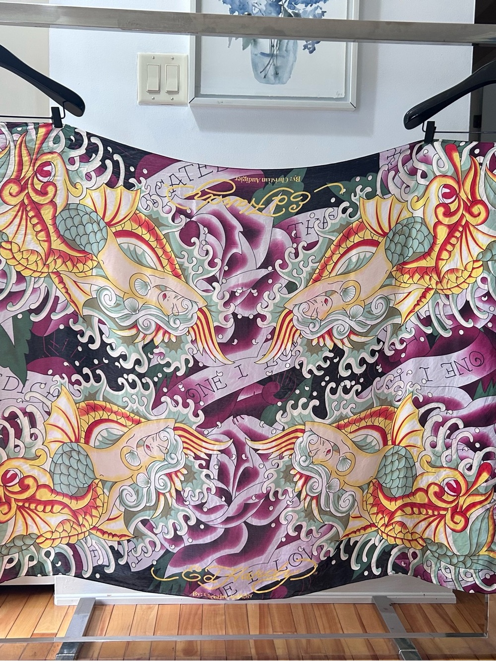 Ed Hardy Multicolor Mermaid & Koi Print Scarf - Purple, Yellow, Green